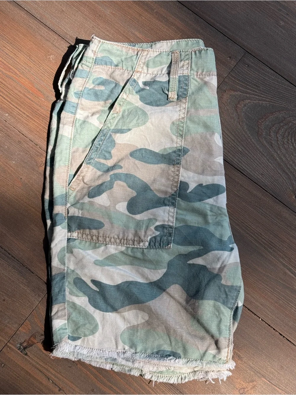 MOTHER Camouflaged High-Rise Frayed Hem Shorts in Green & Tan - Picture 16 of 16